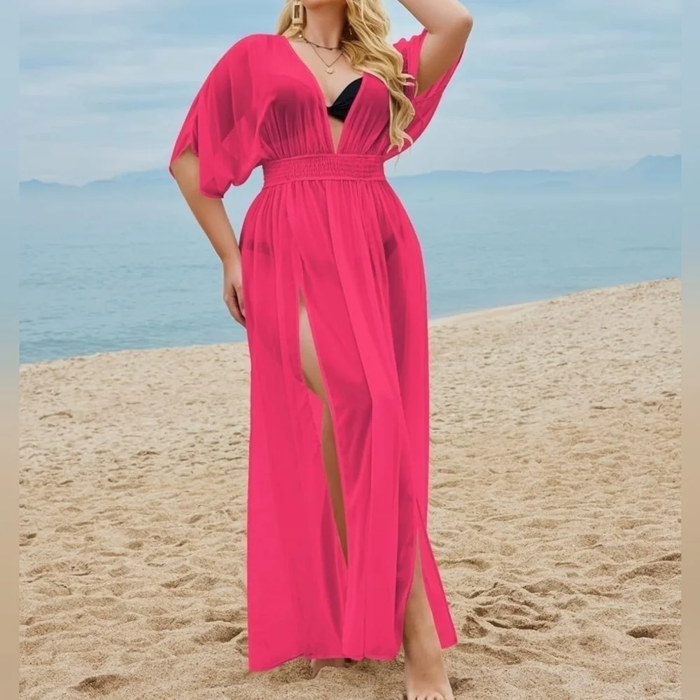 IN'VOLAND Womens Swimsuit Bikini Cover Deep V Neck Long Split Kaftan Kimono, 18W